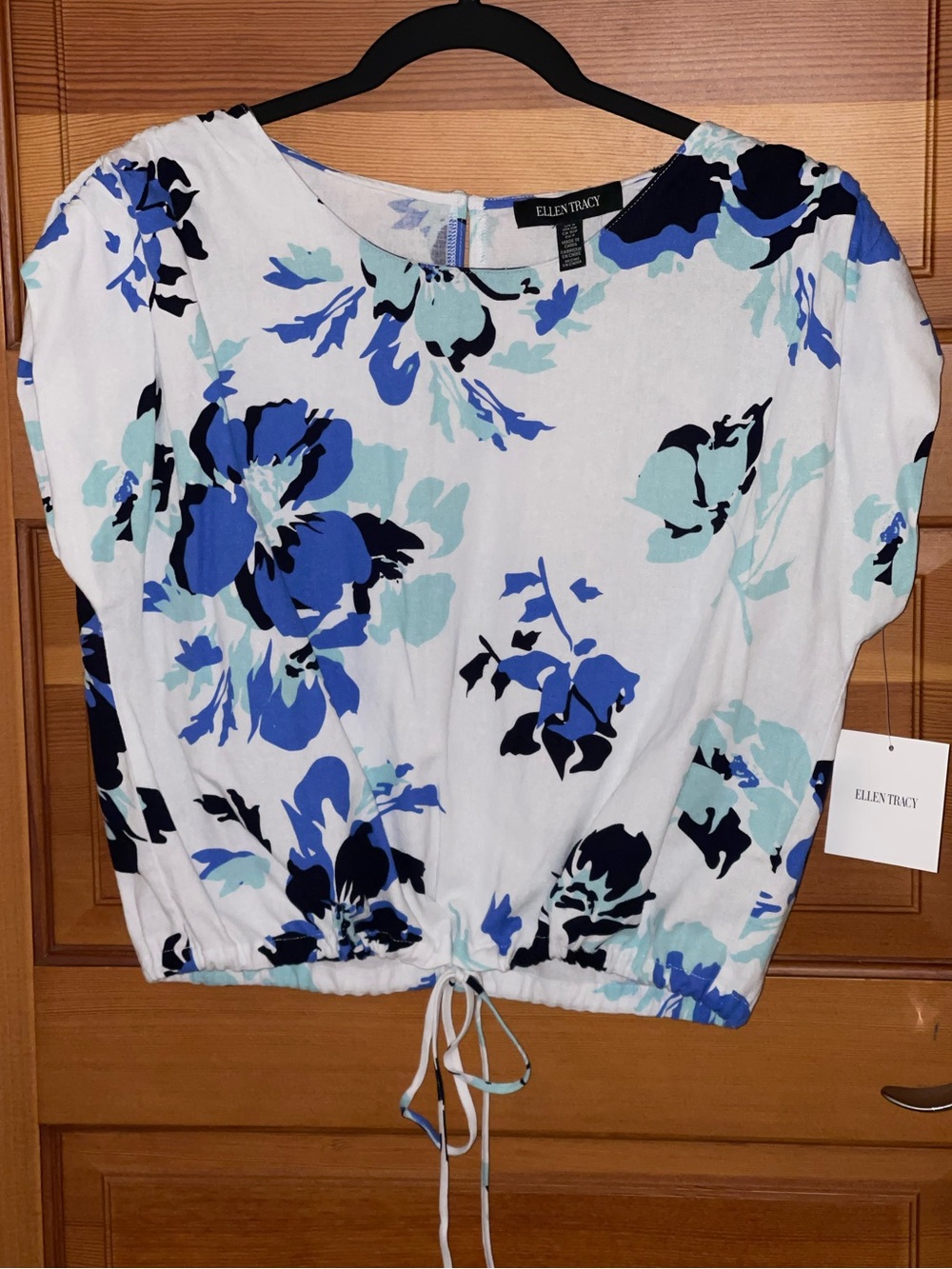 Ellen Tracy White Floral Drawstring Blouse with Blue & Black Accents